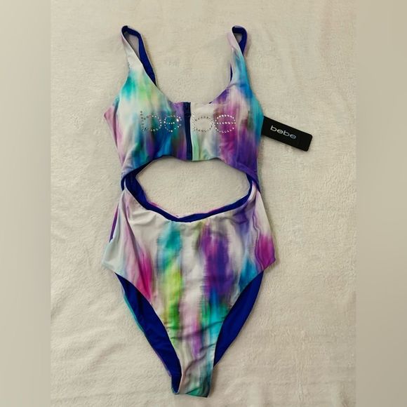 Bebe One Piece Swim Monokini Bathing Suit Zip Rhinestones Crystals Tie Dye S - Picture 3 of 8